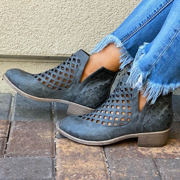 Charcoal V Split Perforated Caged Ankle Booties - Picture 2 of 15